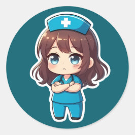 Originele Chibi Verpleegster - Professioneel Kalm Ronde Sticker
