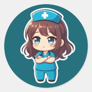 Originele Chibi Verpleegster - Professioneel Kalm Ronde Sticker
