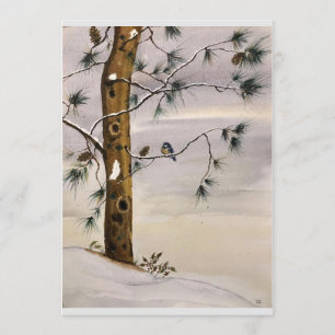 Originele dennenboom en vogel in sneeuwkunst op le kaart
