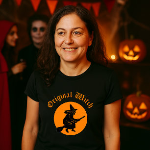 Originele Heks Retro Woodblock Cut Halloween T-shirt
