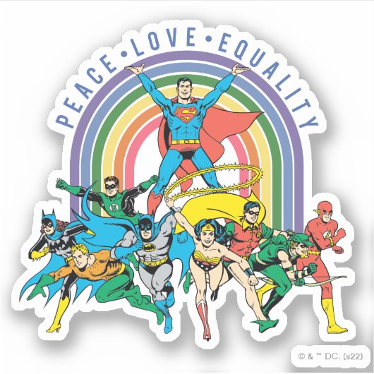 Originele Justice League - Peace, Love, Equality Sticker (Voorkant)