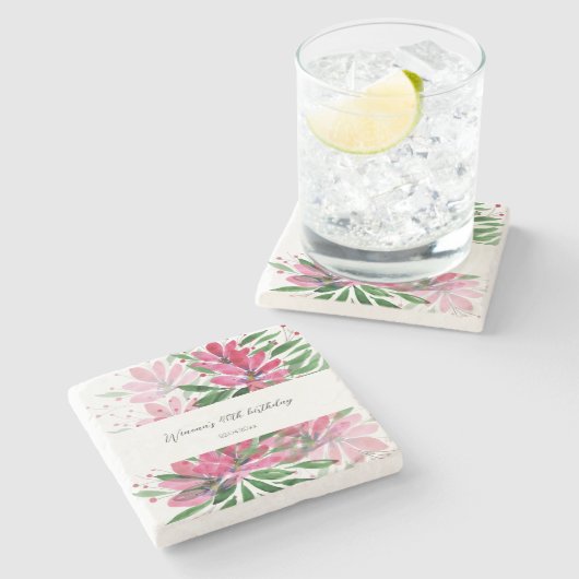 Originele Kunst Waterverf Monogram Bloemen Bloeien Stenen Onderzetter (Zijkant)