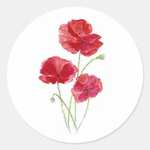 Originele Kunst Waterverf Tuin Bloem Rode Klaproos Ronde Sticker