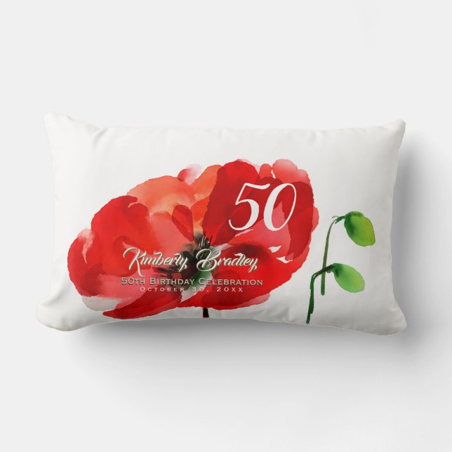 Originele oppy waterverven 50th Birthday Lu Pillow Kussen (Voorkant)