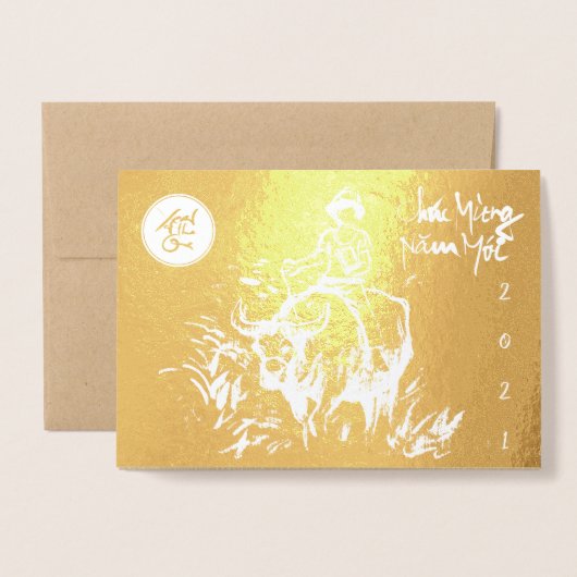 Originele Ox Kid-schildering Lunar 2021 Luxe GC3 Folie Kaarten (Voorkant met envelop)