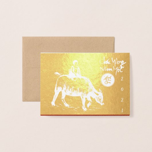 Originele Ox Kind schilderij Lunar 2021 Luxe GC2 Folie Kaarten (Voorkant met envelop)