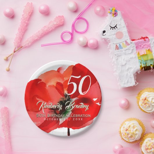 Originele Papavers waterverven 50th Birthday Party Papieren Bordje (Feest)