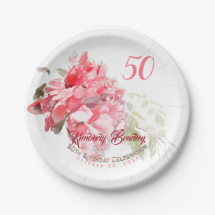 Originele Peony-waterverven 50e verjaardag PP Papieren Bordje