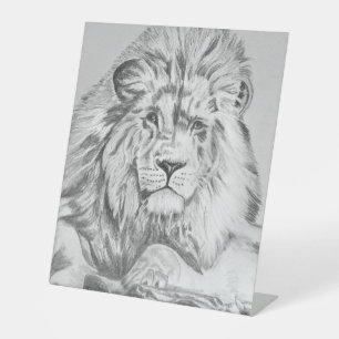 Originele potloodschets tekening van een Leeuw Reclamebord Met Voetstuk