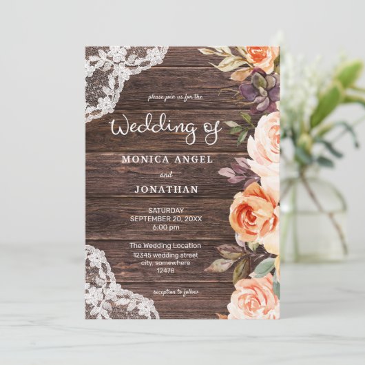 Originele stijl- Houten Kant Roze & Perzik Bloemen Kaart (Staand voorkant)