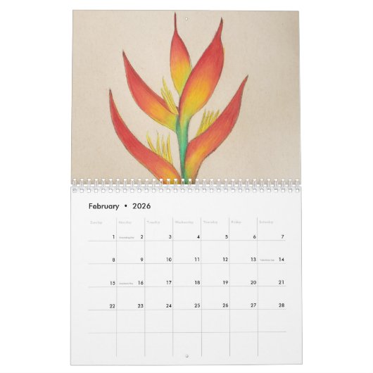 Originele tropische bloem tekening kalender (Feb 2026)