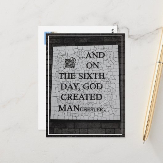 Originele versie van "Op de zesde dag" Manchester Briefkaart (Voorkant / Achterkant in situ)