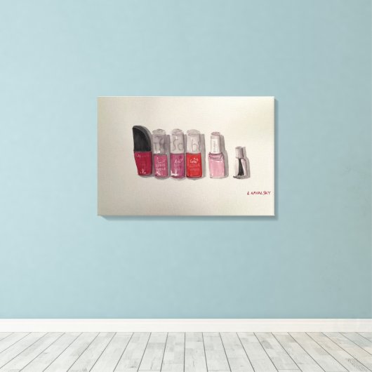 Originele Waterverf Art Nailpolish -Roze & Rood Canvas Afdruk (Insitu (Houten vloer))