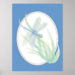 Originele waterverf Blauwe Groene Dragonvlieg Poster