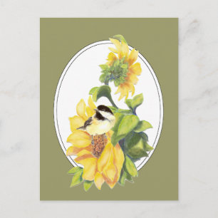 Originele Waterverf Chickadee en Zonnebloem Briefkaart