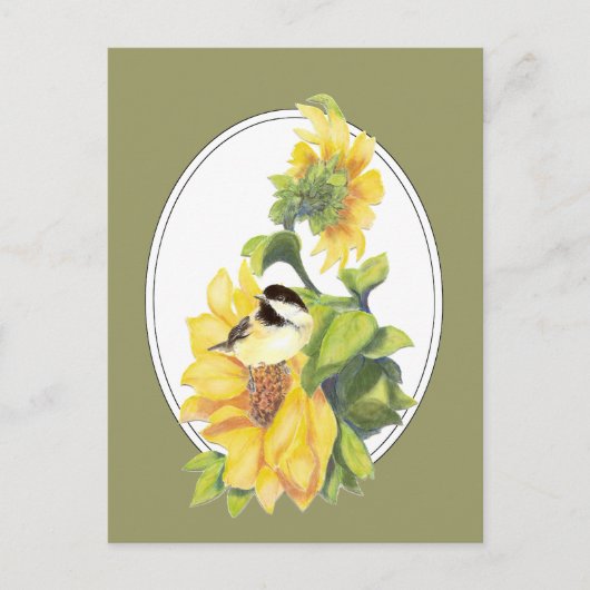 Originele Waterverf Chickadee en Zonnebloem Briefkaart (Voorkant)