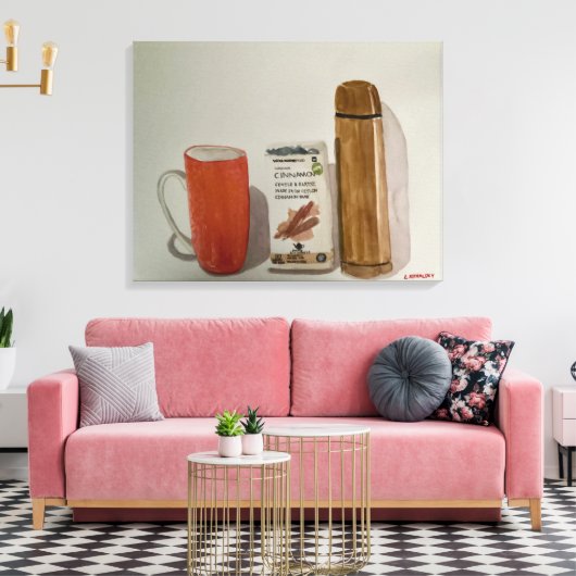 Originele Waterverf "Cinnamon Tea & Flask" Canvas Afdruk (Insitu (Woonkamer))