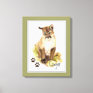 Originele Waterverf Cougar Puma Mountain Lion Cub Canvas Afdruk