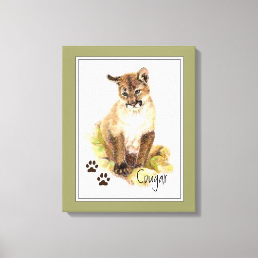 Originele Waterverf Cougar Puma Mountain Lion Cub Canvas Afdruk (Voorkant)
