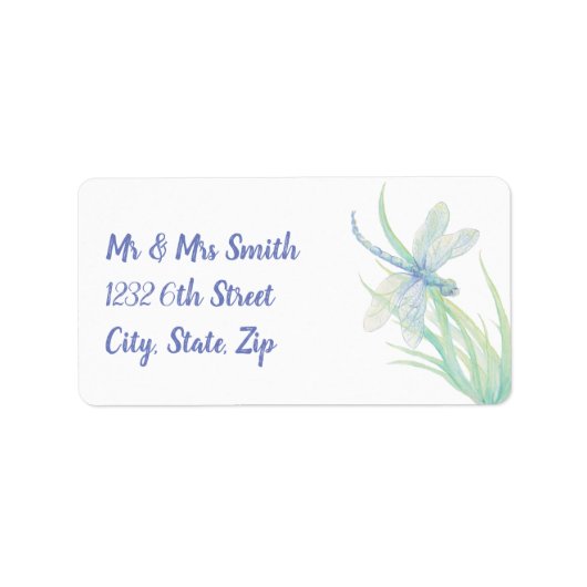 Originele Waterverf Dragonfly in blauw en groen Etiket (Voorkant)