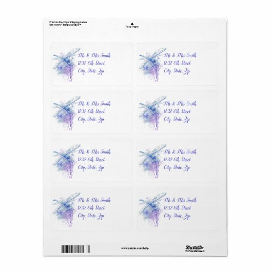 Originele Waterverf Dragonfly in Blue & Mauve Etiket (Full Sheet)