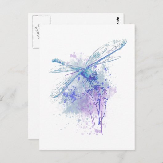 Originele Waterverf Dragonfly in Blue Mauve Natuur Briefkaart (Voorkant / Achterkant)