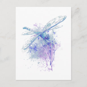 Originele Waterverf Dragonfly in Blue Mauve Natuur Briefkaart