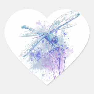 Originele Waterverf Dragonfly in Blue Mauve Natuur Hart Sticker