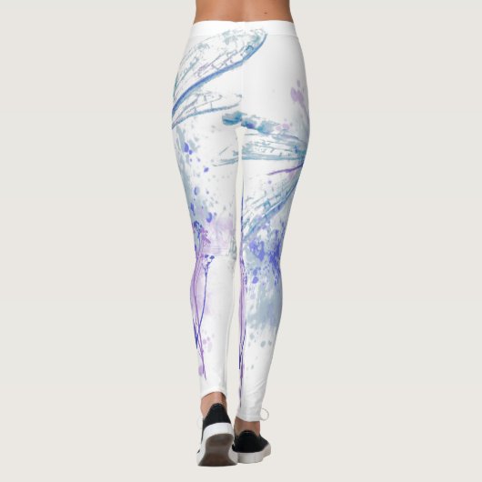 Originele Waterverf Dragonfly in Blue Mauve Natuur Leggings (Achterkant)