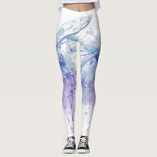 Originele Waterverf Dragonfly in Blue Mauve Natuur Leggings (Voorkant)