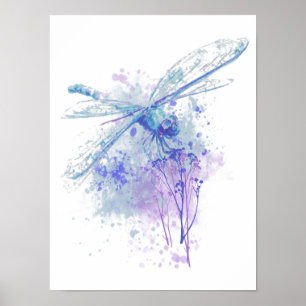 Originele Waterverf Dragonfly in Blue Mauve Natuur Poster