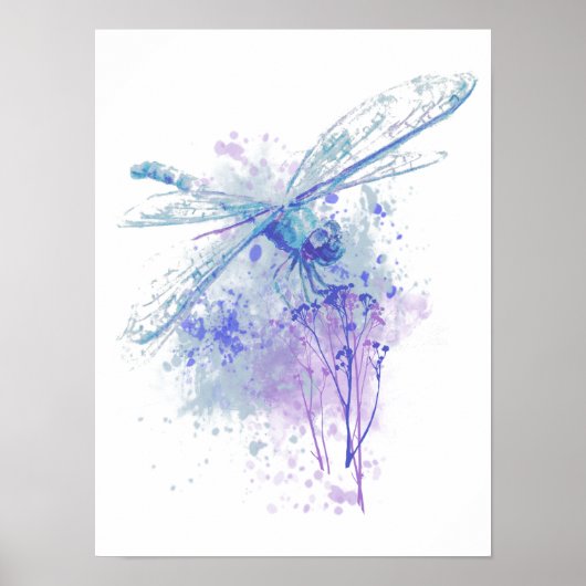 Originele Waterverf Dragonfly in Blue Mauve Natuur Poster (Voorkant)