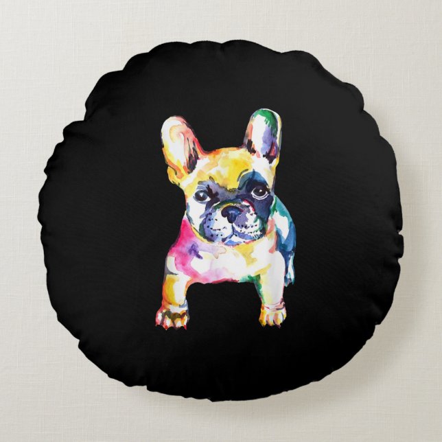 Originele Waterverf Hand French Bulldog Gift Rond Kussen (Voorkant)