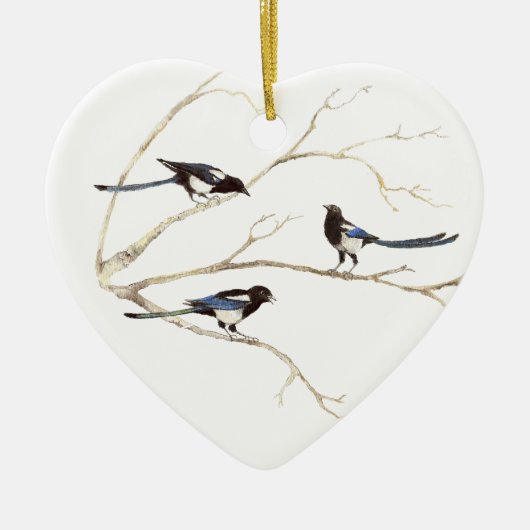 Originele Waterverf, Magpie Family, Vogels Keramisch Ornament (Voorkant)