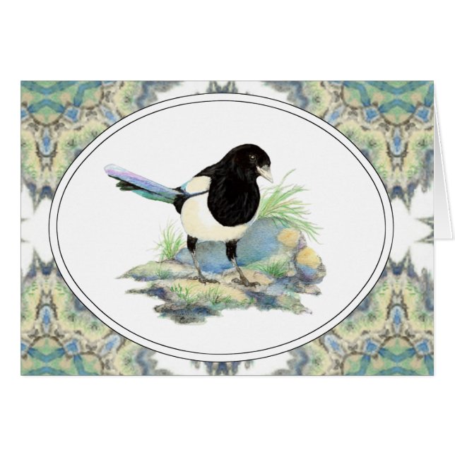 Originele Waterverf Magpie Garden Bird (Voorkant Horizontaal)