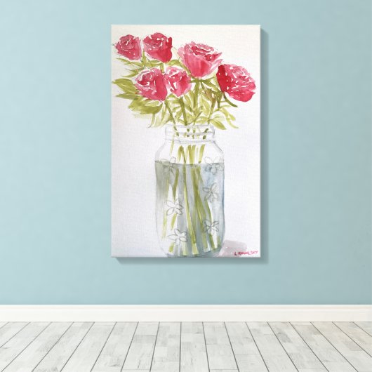 Originele Waterverf Rozen in de pot Canvas Afdruk (Insitu (Houten vloer))