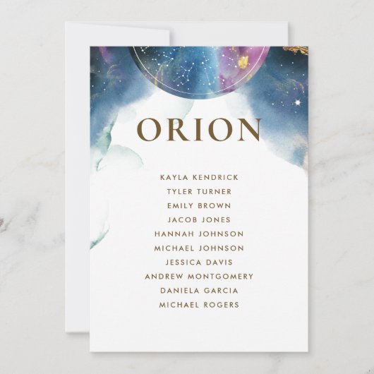 Orion Celestial Seating Plan Card met gastnamen (Voorkant)