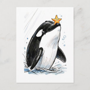 Orka Balanceert Zeester Speels Mariene Inkt Illust Briefkaart
