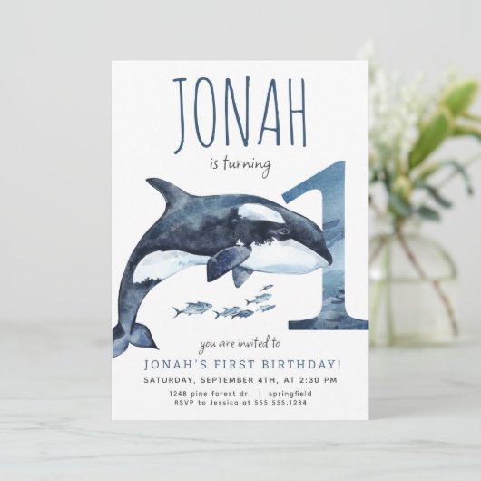 Orka eerste verjaardag uitnodiging (Staand voorkant)