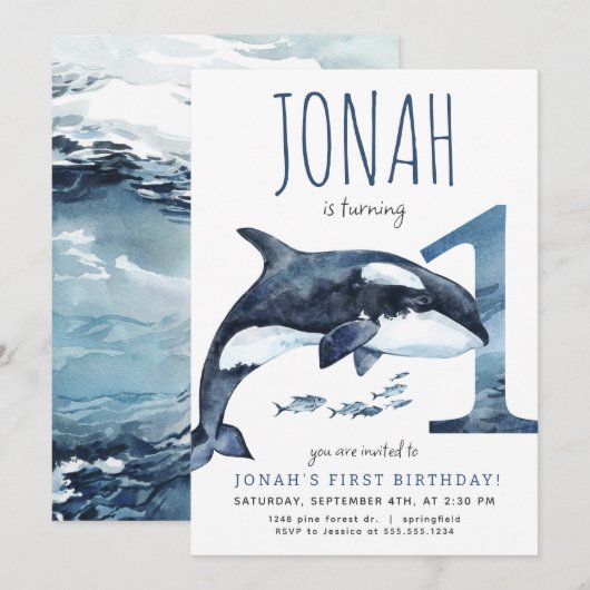 Orka eerste verjaardag uitnodiging (Voorkant / Achterkant)