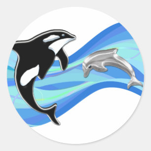 Orka en dolfijn in de golven ronde sticker