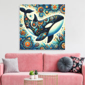 Orka Killer Whale Floral Whimsical Nautical Beach Canvas Afdruk (Insitu (Woonkamer))