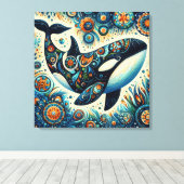 Orka Killer Whale Floral Whimsical Nautical Beach Canvas Afdruk (Insitu (Houten vloer))
