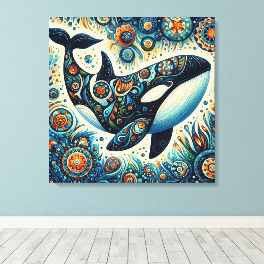 Orka Killer Whale Floral Whimsical Nautical Beach Canvas Afdruk (Insitu (Houten vloer))