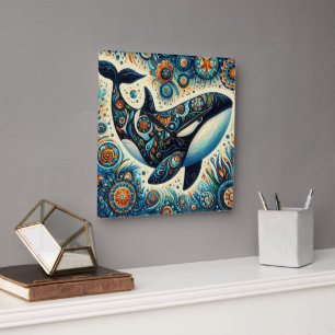Orka Killer Whale Floral Whimsical Nautical Beach Vierkante Klok