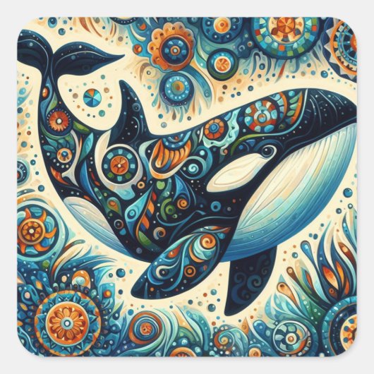 Orka Killer Whale Floral Whimsical Nautical Beach Vierkante Sticker (Voorkant)