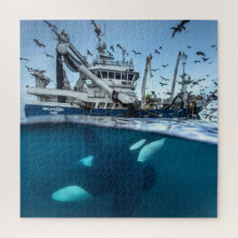 Orka Moordwalvis Commerciële Vissersboot Oceaan Legpuzzel