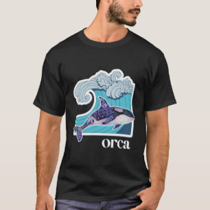 Orka walvis met hand getrokken oceaan golf t-shirt