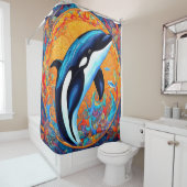 Orka Whale Leaping Versierd Quiltblok Douchegordijn (In situ)