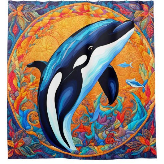 Orka Whale Leaping Versierd Quiltblok Douchegordijn (Voorkant)